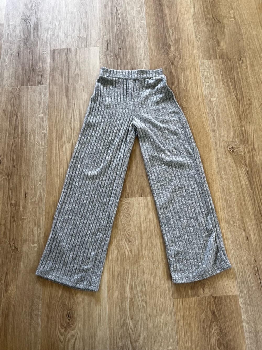 Gray Ribbed Wide-Leg Knit Pants